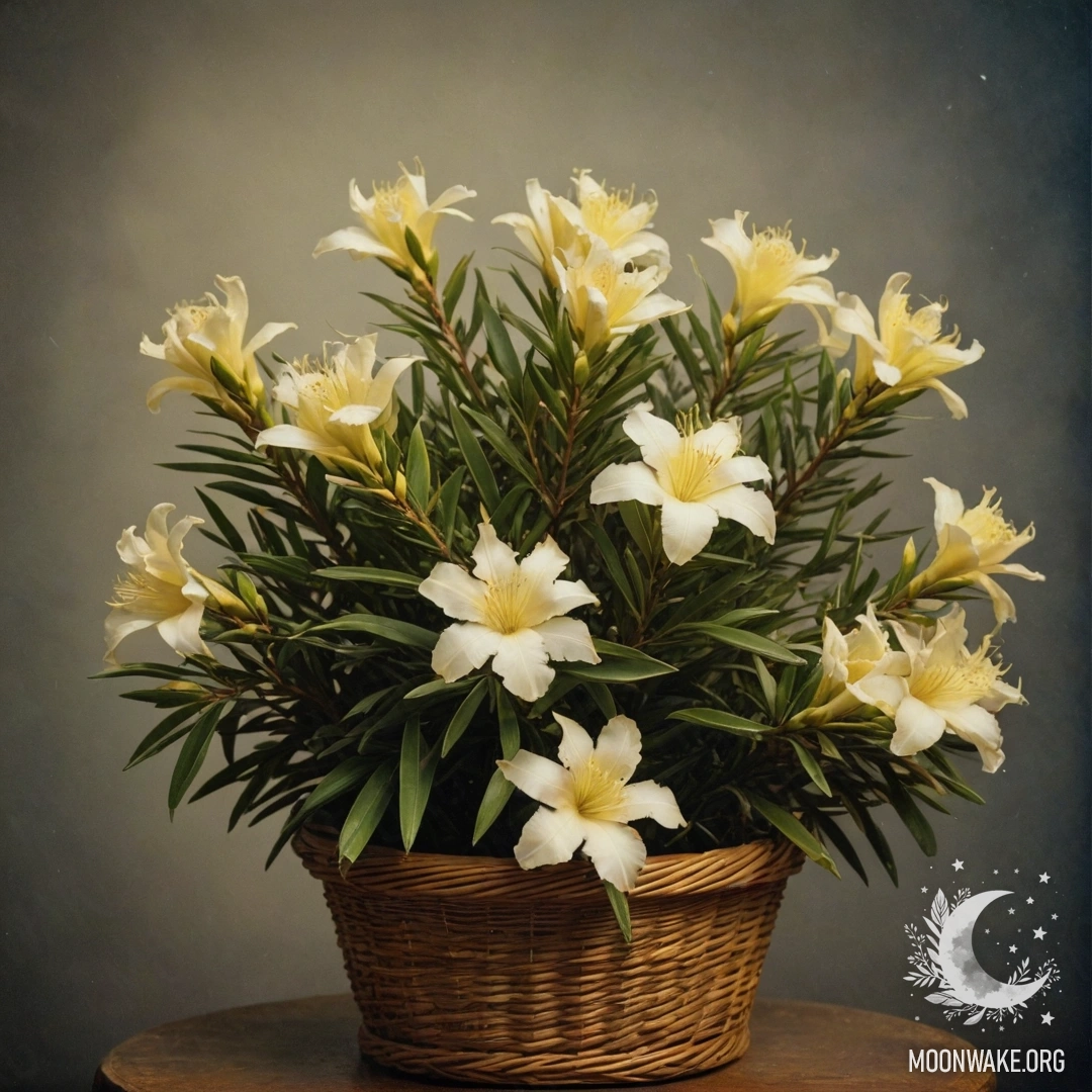 Спокойный олеандр в кремовой корзине, окружённый туманом ночью.