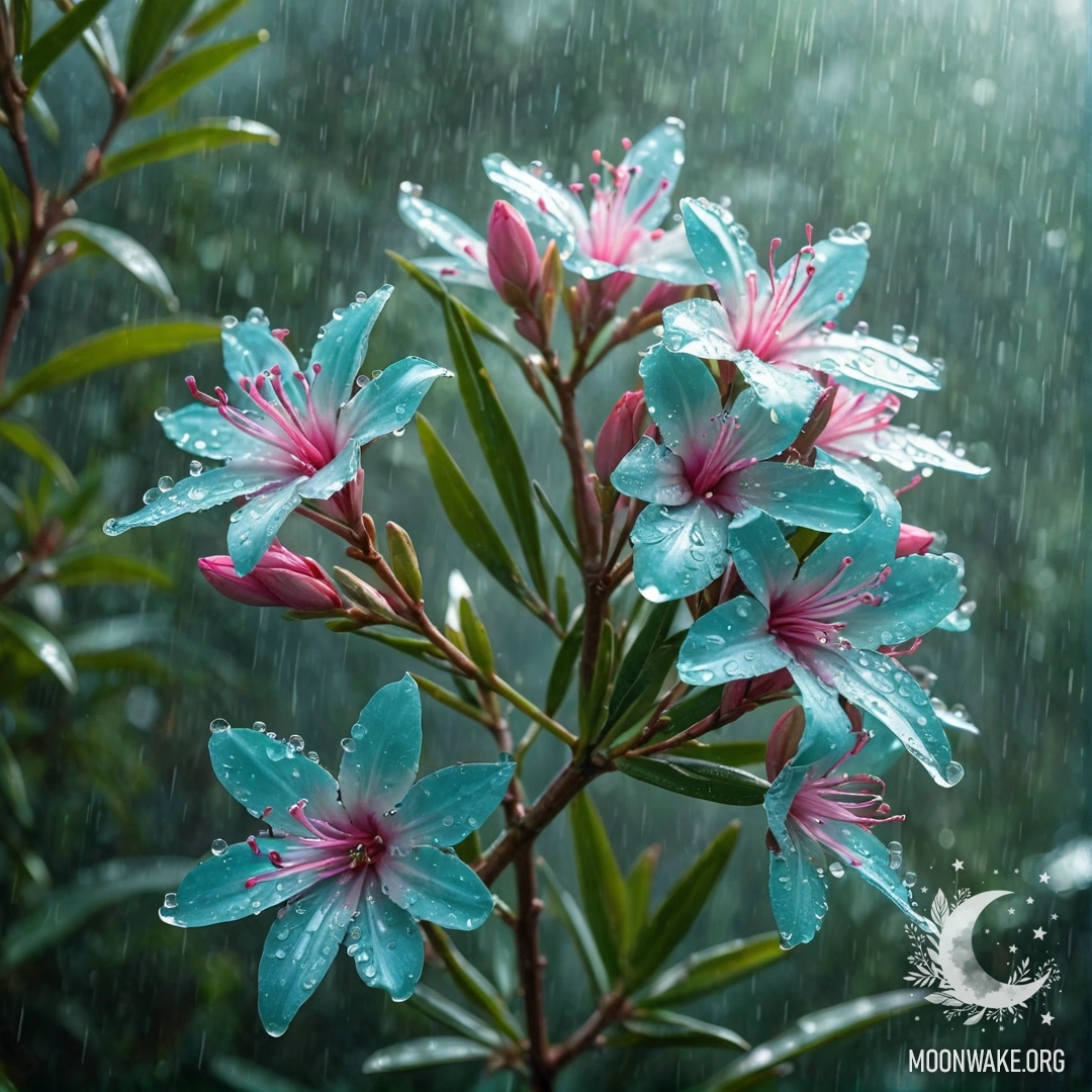 Спокойный олеандр в тумане под дождем с солнечными лучами и стразами.