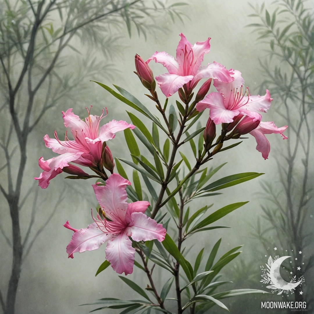 Спокойное изображение олеандров, окутанных туманом, с мягкими пастельными оттенками.