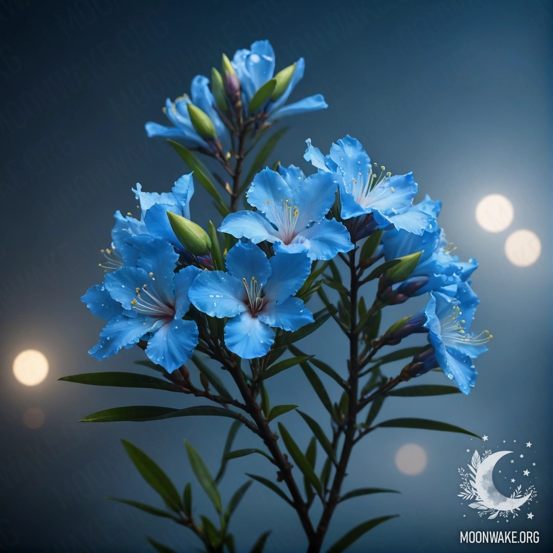 Спокойный цветок олеандра, окружённый туманом под синим ночным небом.