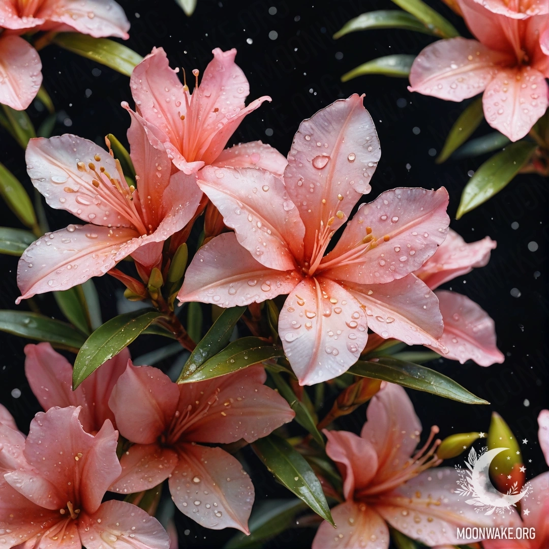 Спокойный олеандр, украшенный каплями росы под ночным небом.