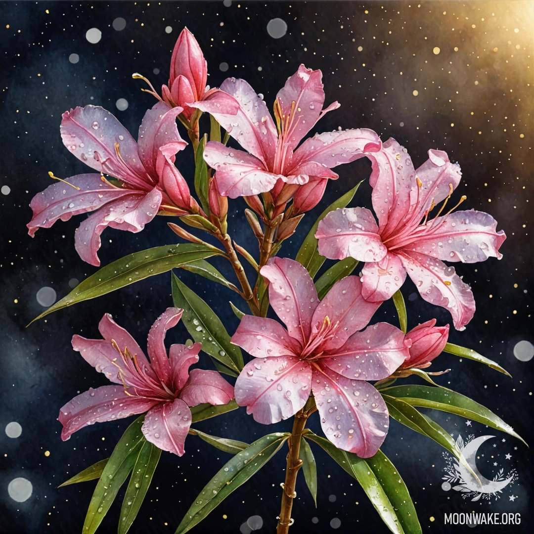 Спокойный цветок олеандра, украшенный сверкающими каплями росы, на фоне ночного пейзажа с золотым блеском.