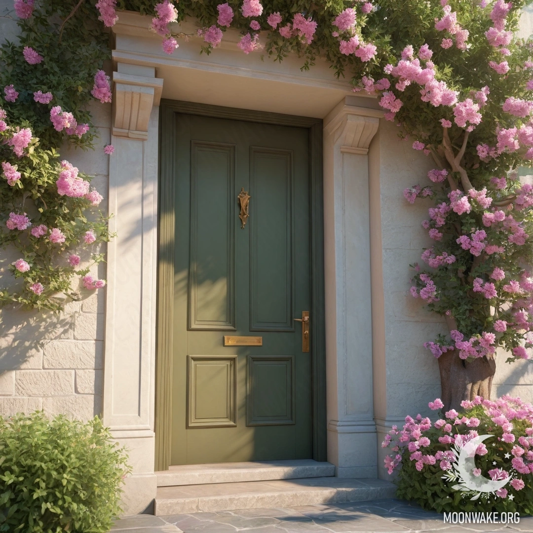 Спокойная оливковая дверь с деревом, полным розовых цветов над ней, освещенная солнечными лучами.