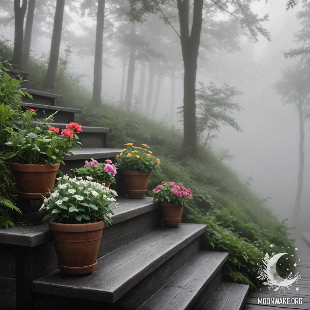 Спокойная деревянная лестница, окруженная густым туманом и цветочными горшками.