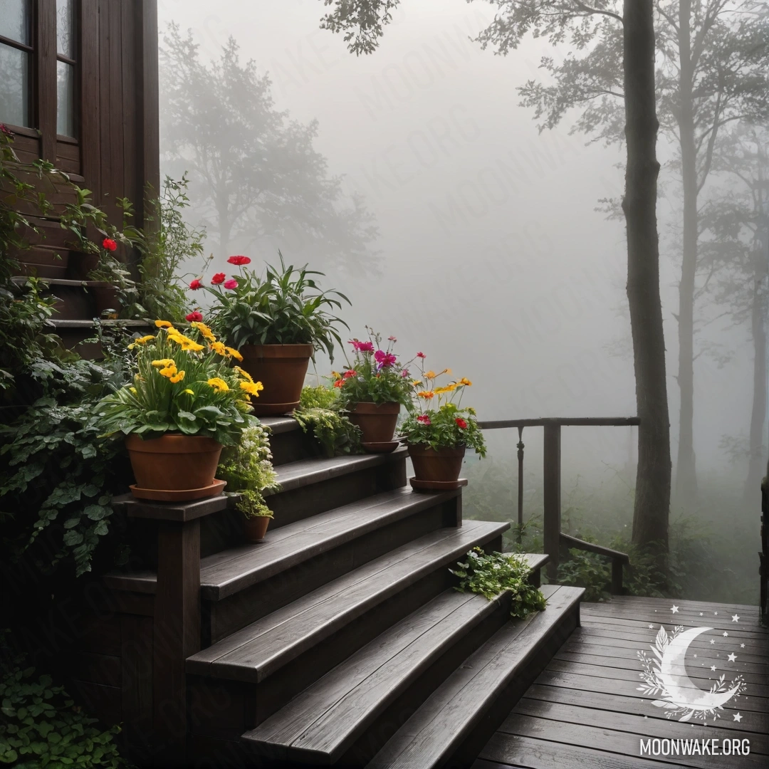 Деревянная лестница, окруженная густым туманом и цветочными горшками.