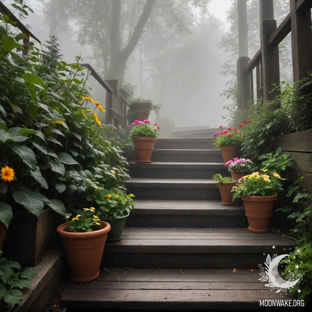 Спокойная деревянная лестница, украшенная цветочными горшками в густом тумане.