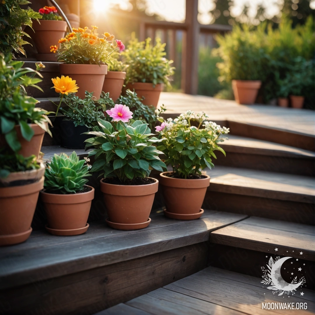 Деревянная лестница, украшенная цветочными горшками на закате.