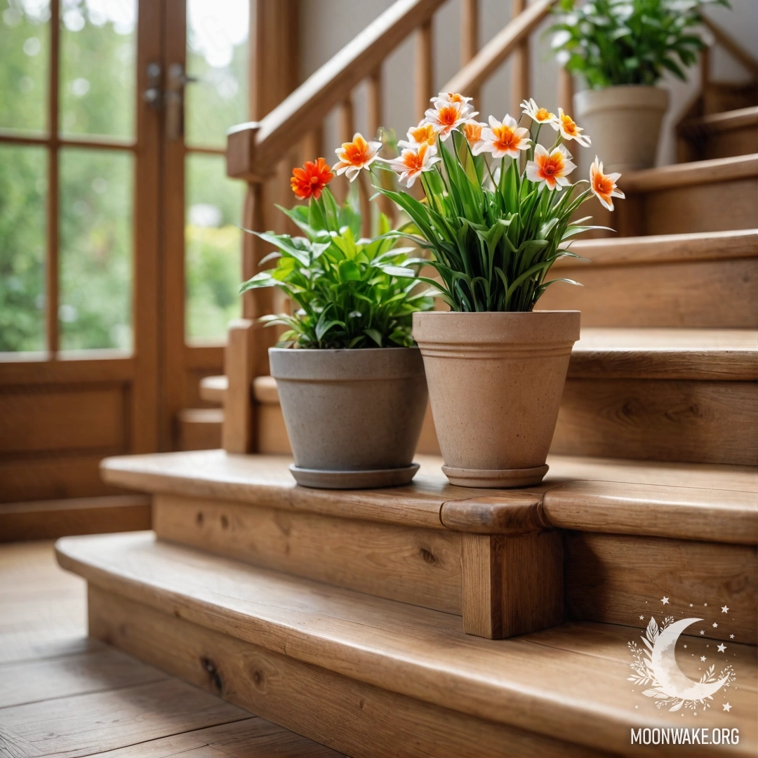 Спокойная деревянная лестница, украшенная цветочными горшками с линзами.