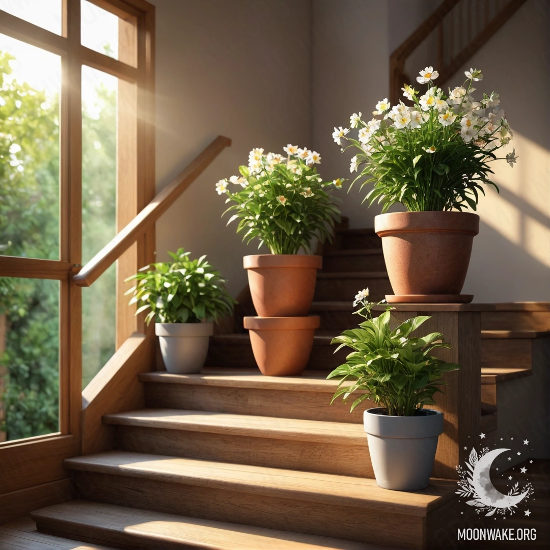 Деревянная лестница, украшенная цветочными горшками, объятыми нежными солнечными лучами.
