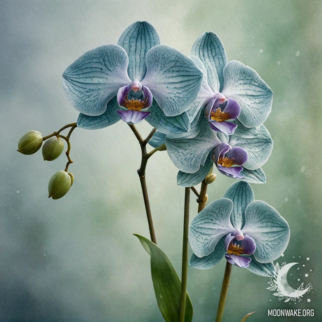 Спокойная акварель, изображающая орхидею в окружении тумана с узорами зеленовато-голубых оттенков.