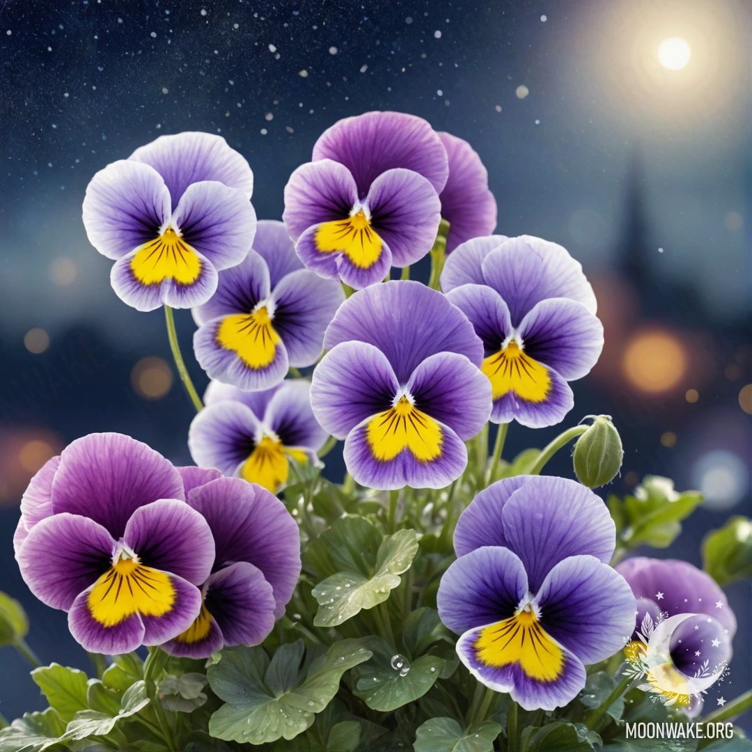 Акварельная картина спокойных фиалок ночью с мерцающими деталями в цветах морской волны.