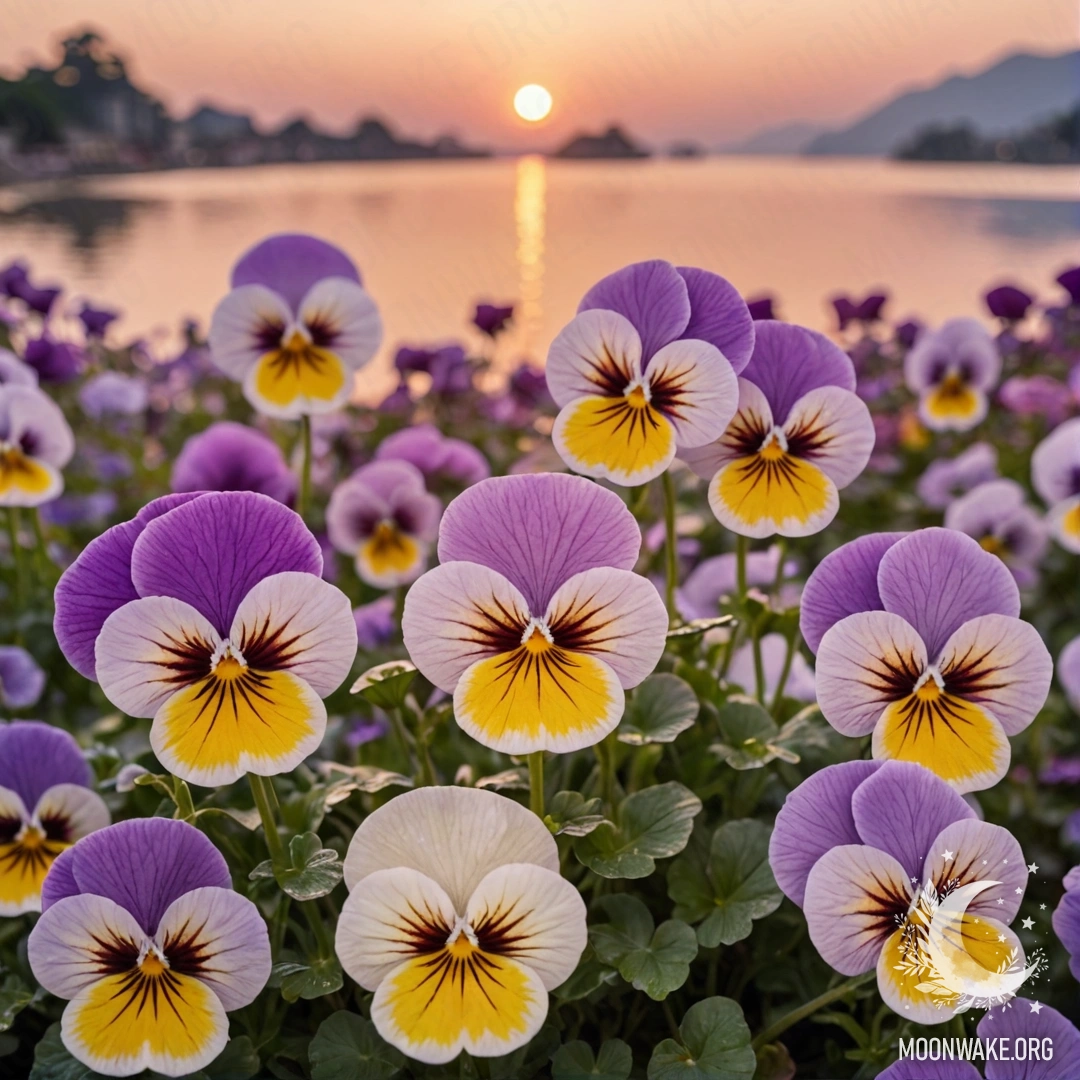 Спокойное сочетание нежных фиалок, украшенных пайетками, на фоне заката.