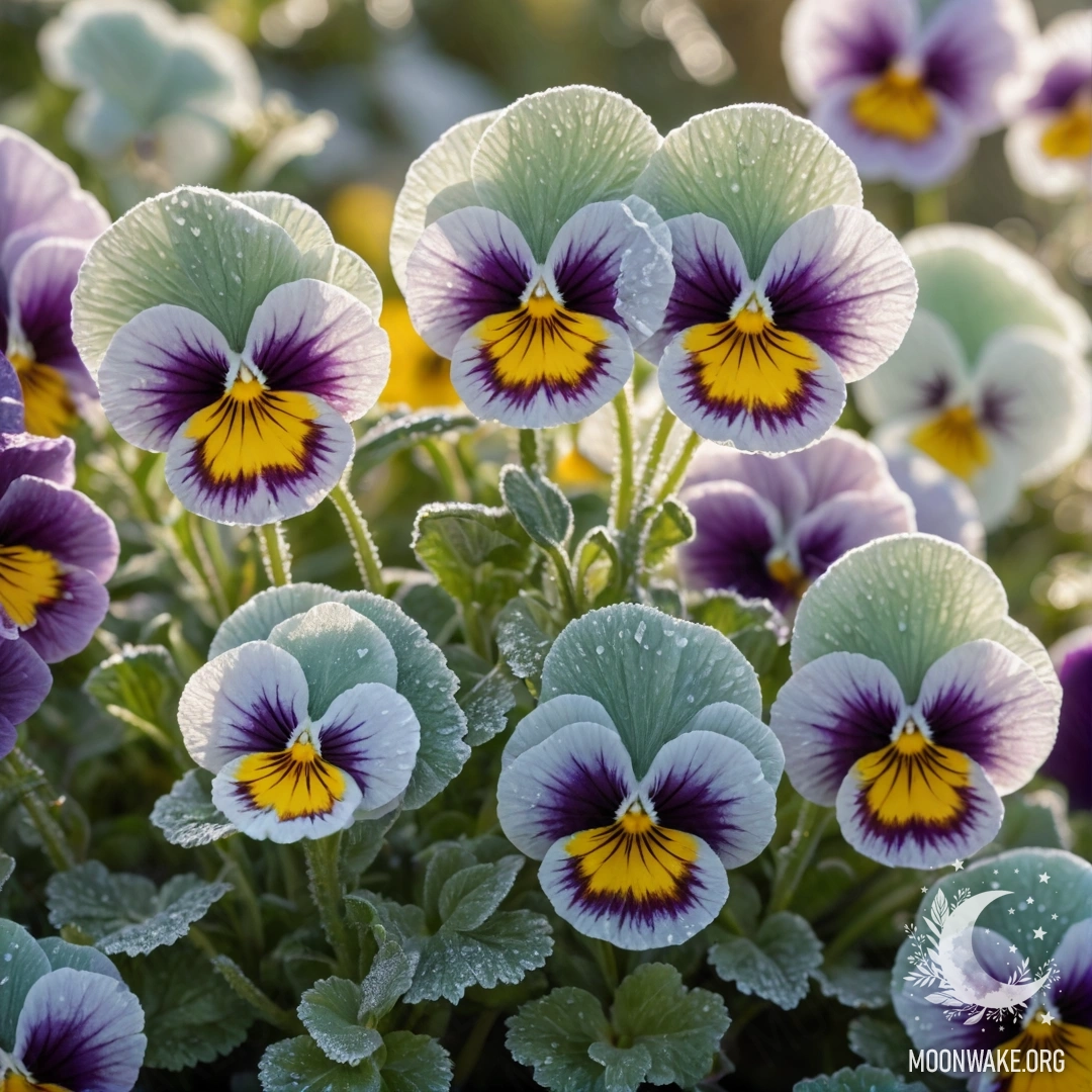 Нежные анютины глазки, покрытые инеем, освещенные мягким солнечным светом.