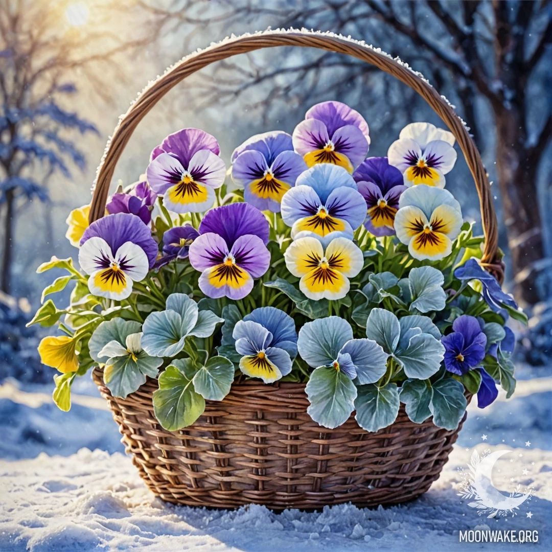 Акварельная картина с синими анютиными глазками в морозной корзине, освещённой солнечными лучами.