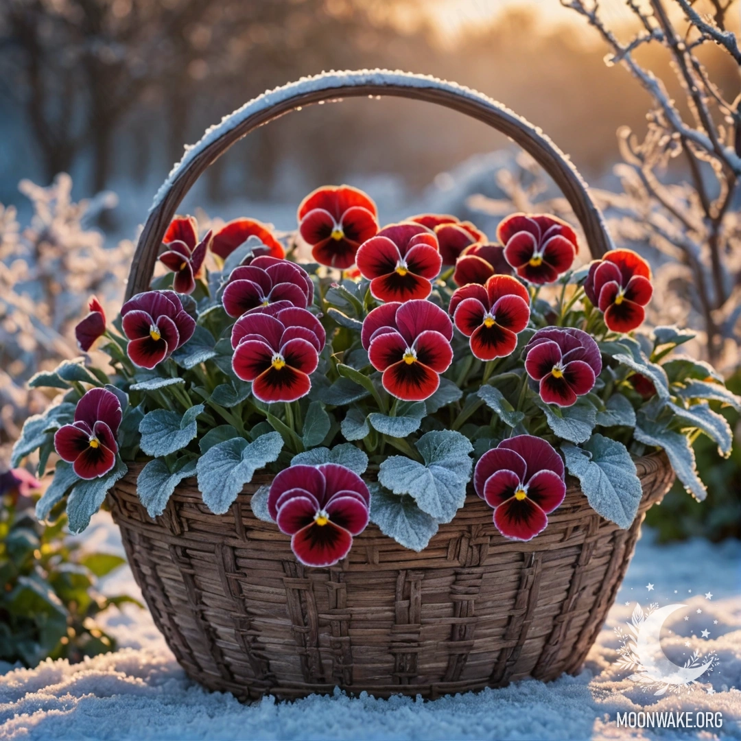 Корзина, наполненная красными анютиными глазками, лежит на морозной земле на закате.
