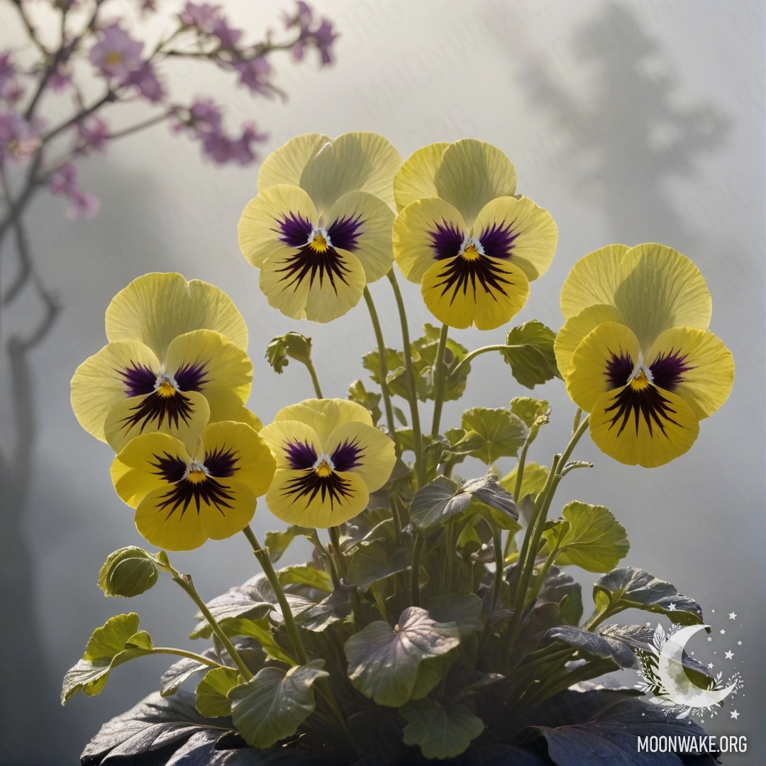 Спокойный образ лаймовых фиалок, окружённых туманом, сквозь который пробиваются солнечные лучи.