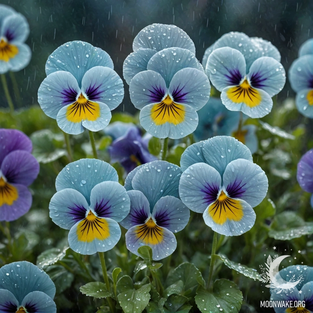 Спокойный пейзаж с фиалками под дождем в тумане ночью.