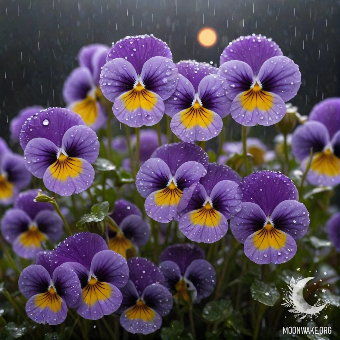 Фиолетовые анютины глазки в тумане, сверкающие стразами под дождем ночью.