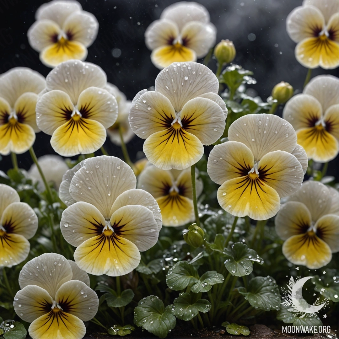 Безмятежная картина с кремово-желтыми анютиными глазками в ночном тумане, дополненная стразами.