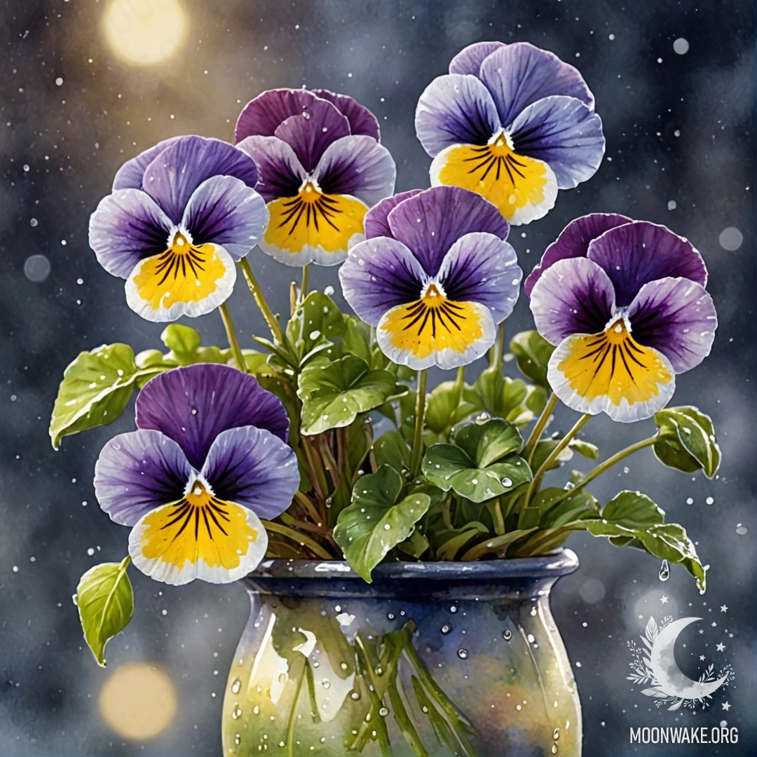 Ваза с анютиными глазками оливкового цвета, покрытыми каплями росы в ночное время.