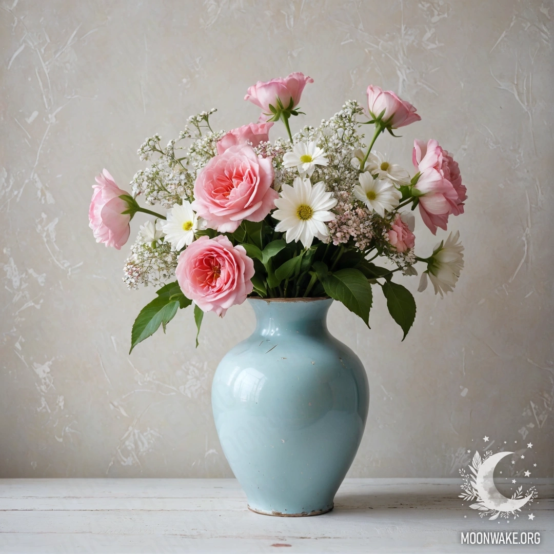 Потрепанная металлическая ваза пастельного синего цвета с белыми и розовыми цветами на фоне изношенной белой стены.