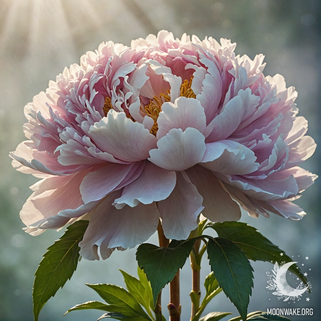 Спокойный букет пионов, окруженный туманом и солнечными лучами.