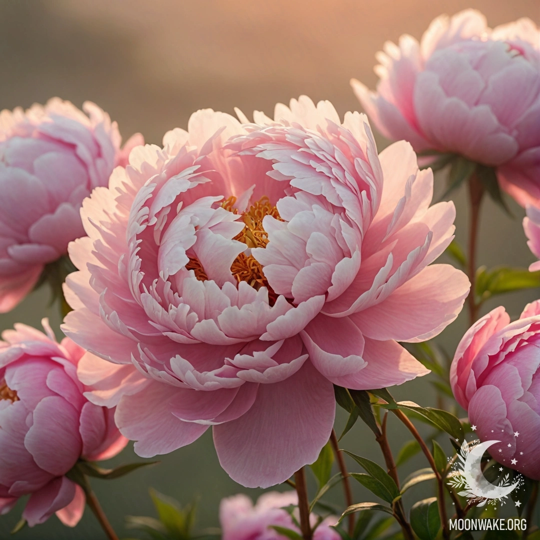 Нежный букет розовых пионов, окутанных туманом на закате.