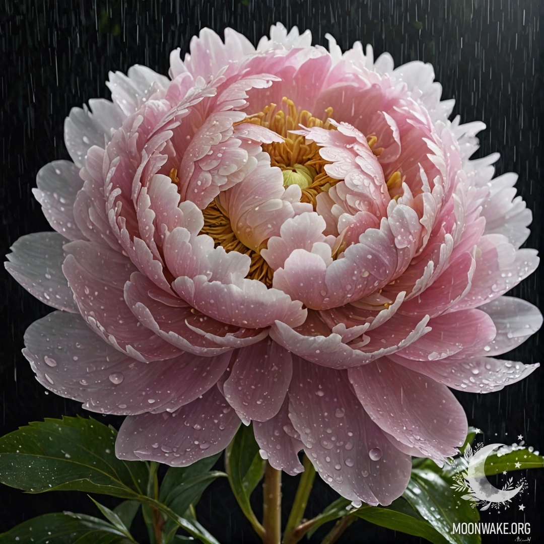 Букет пионов лаймового цвета под дождём ночью.