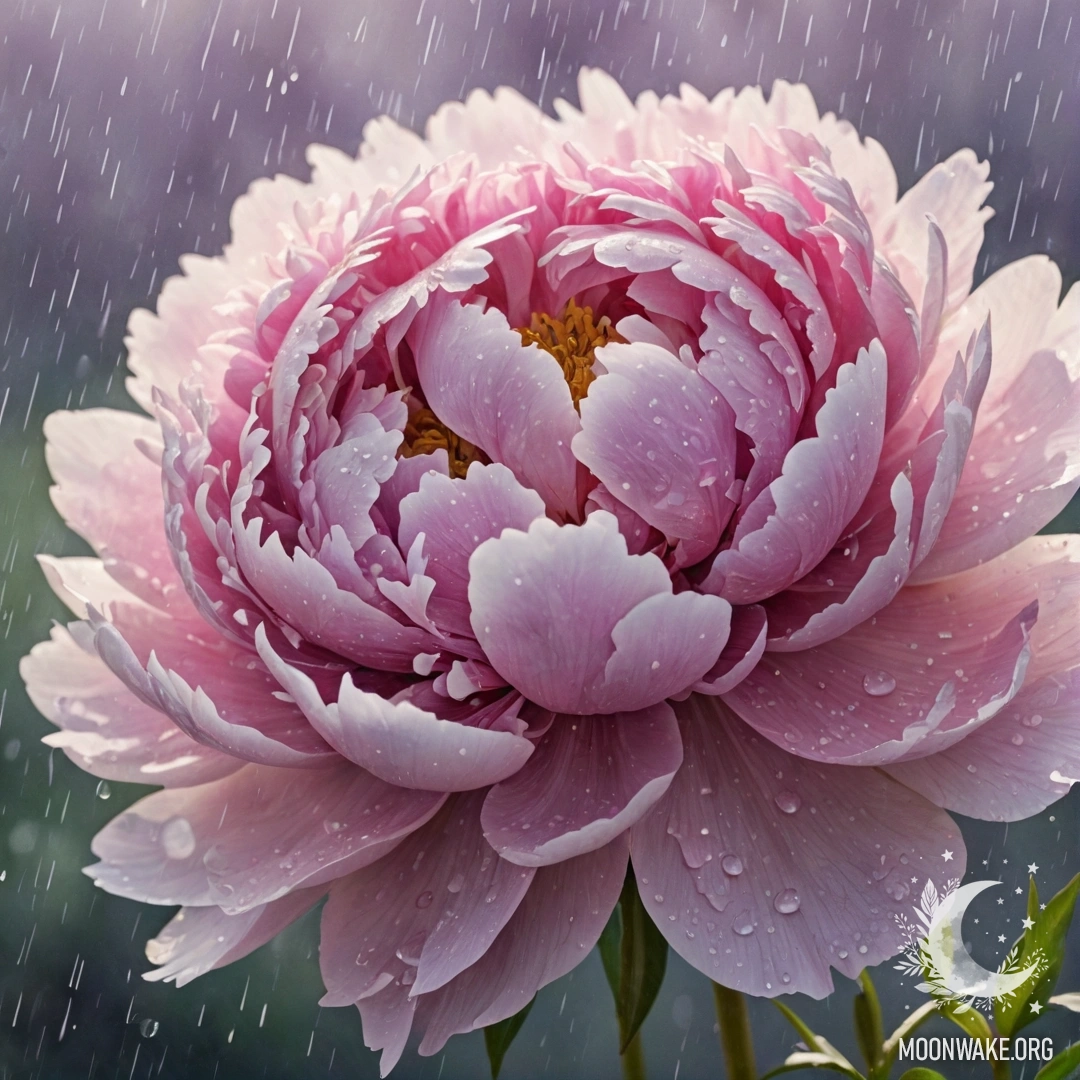 Тончайший букет фиолетовых пионов, окутанных дождем, с солнечными лучами, проникающими сквозь капли воды.