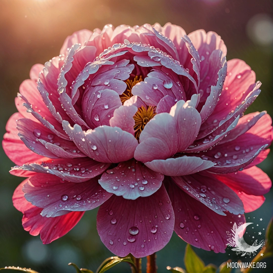 Спокойный пион, украшенный каплями росы, который светится на закате в фуксиевых тонах.