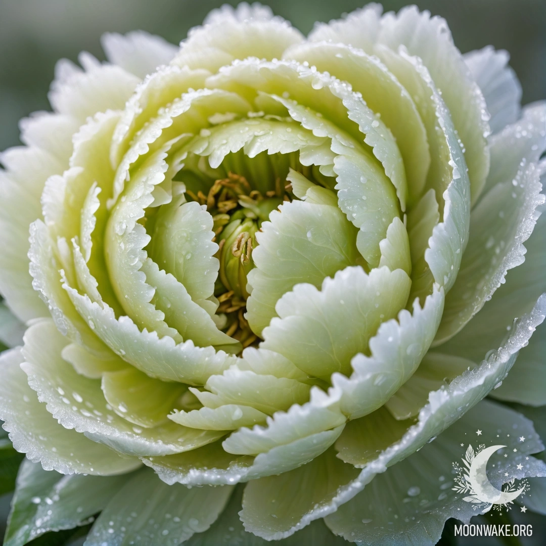Одиночный пион в морозе с лимонными пайетками, обладающий спокойной красотой.