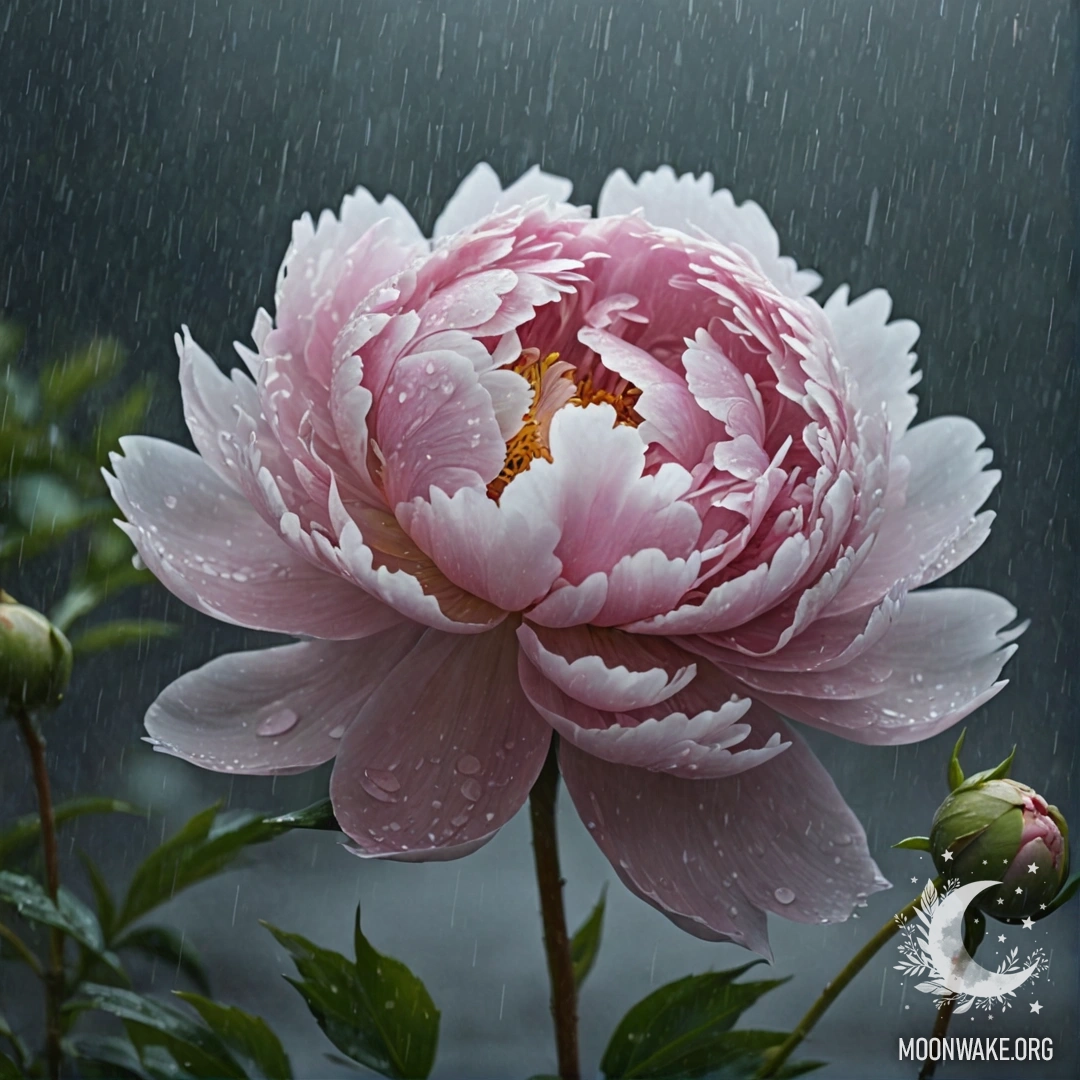 Нежный цветок пиона, окутанный туманом, мягко освещённый дождём ночью.