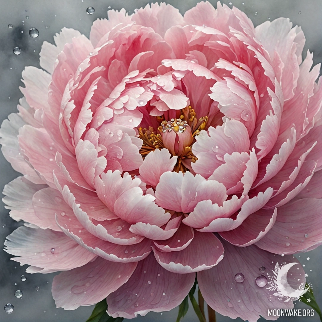 Спокойный нежно-розовый цветок пиона в окружении тумана и сверкающих стразов.