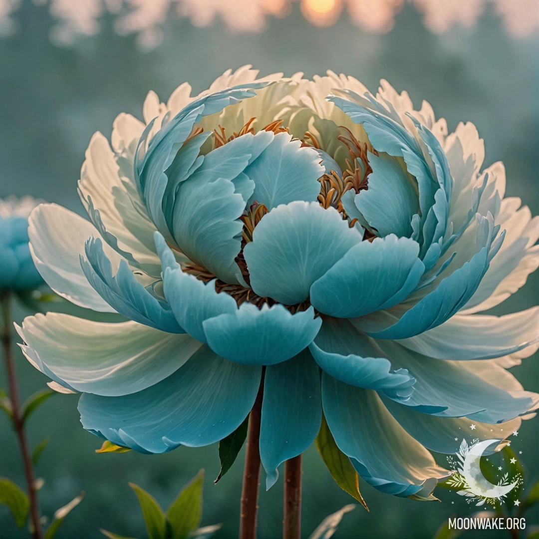 Нежный пион цветет в мягком тумане во время заката, с узорами зеленовато-голубых оттенков.