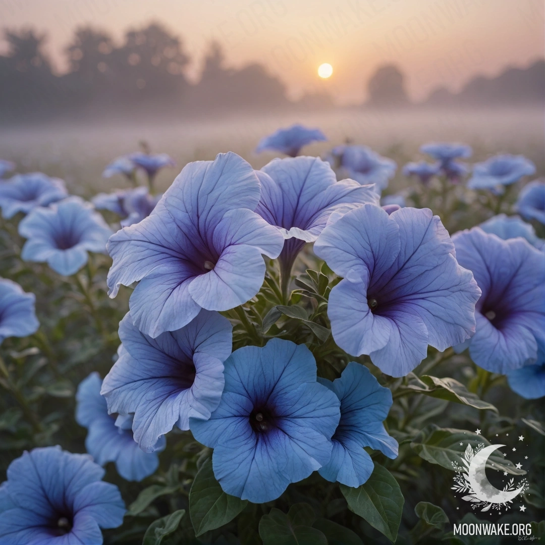 Спокойная петуния, окружённая туманом на закате, в мягких голубых оттенках.