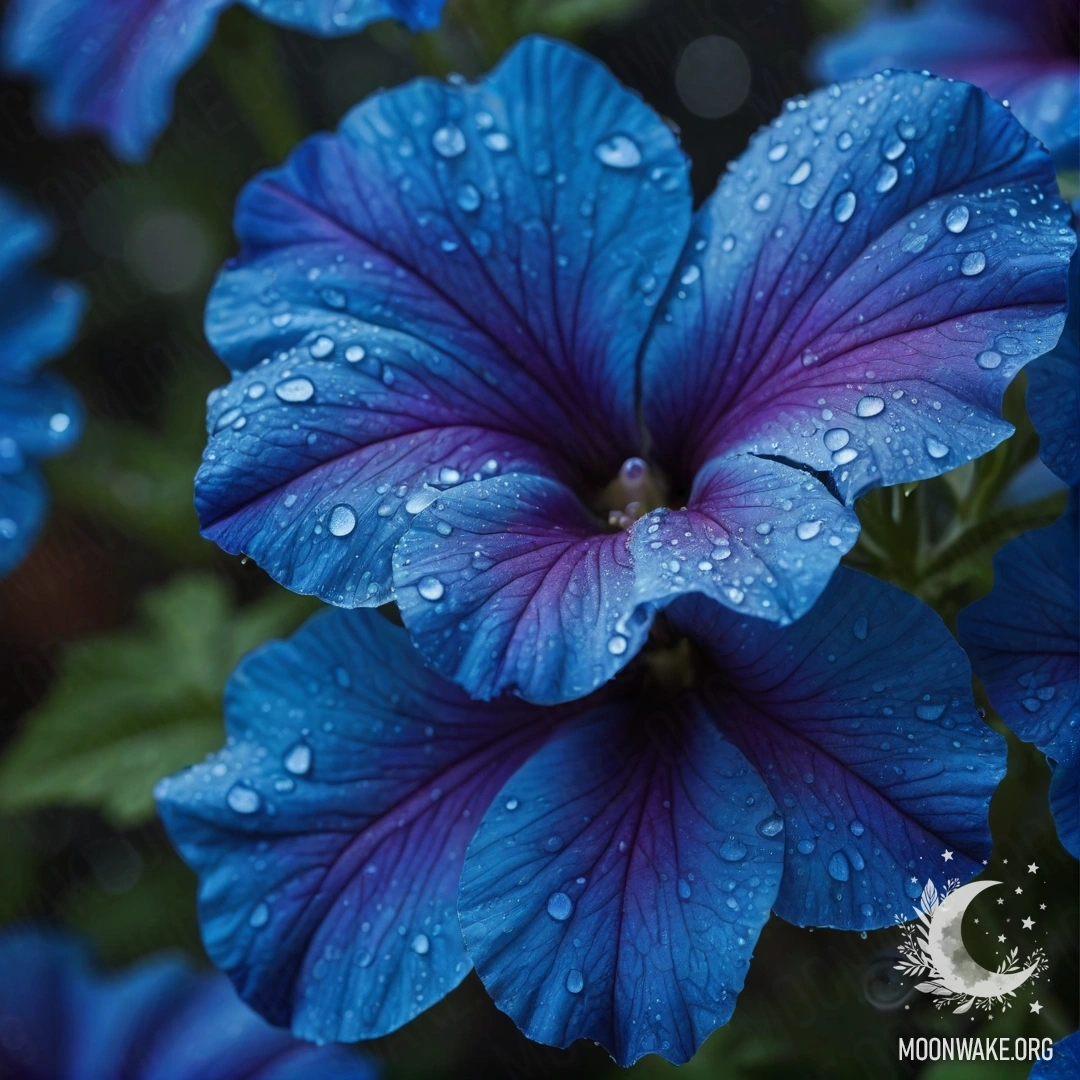 Спокойный цветок петунии с каплями росы на лепестках на фоне синего цвета.