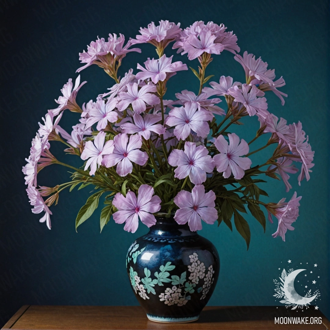 Спокойная композиция из цветов флокса в вазе зеленовато-голубого цвета, изображённая в умиротворяющей ночной обстановке.