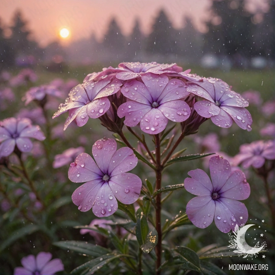 Акварельная картина с розовыми цветами флокс в тумане и дожде на закате.