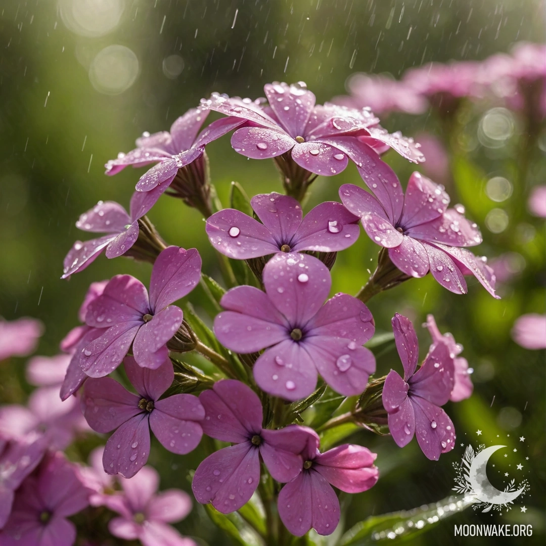 Яркий красный цветок флокса, сверкающий росинками под мягким солнечным светом.