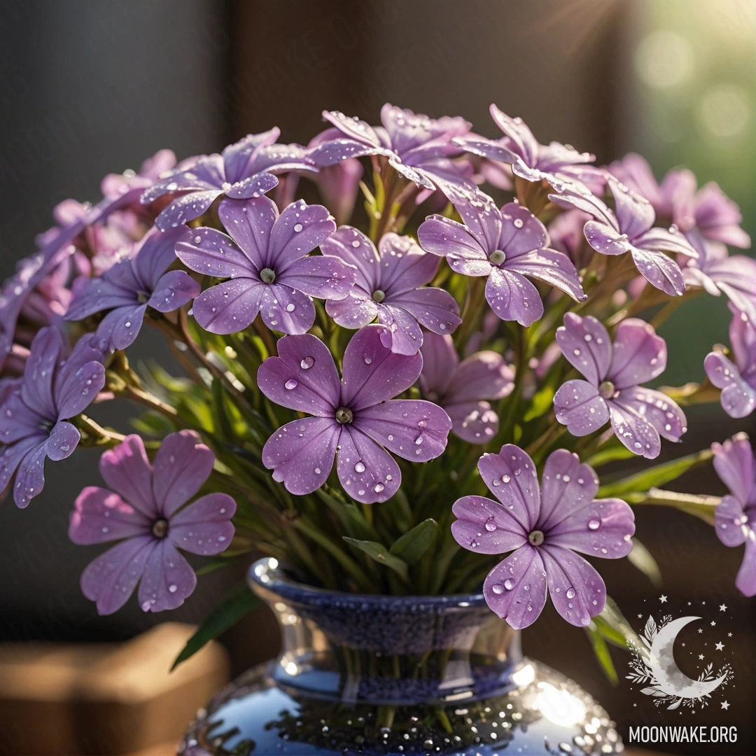 Ваза, наполненная лавандовыми цветами флокс с росинками под солнечными лучами.
