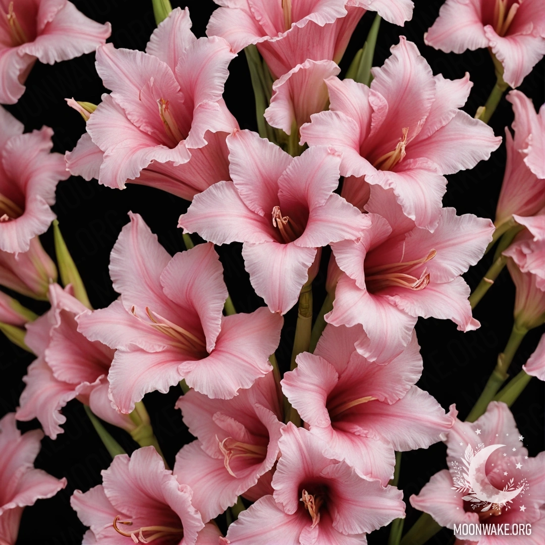 Спокойный розовый цветок гладиолуса с изящными узорами под ночным небом.