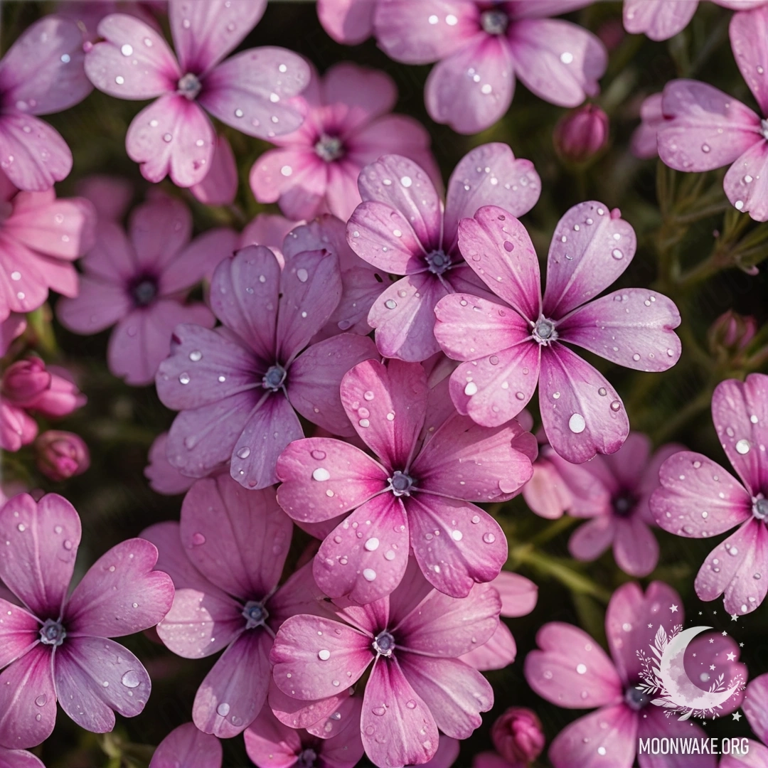 Акварельная картина с тихими розовыми цветами флокса, покрытыми блестками.