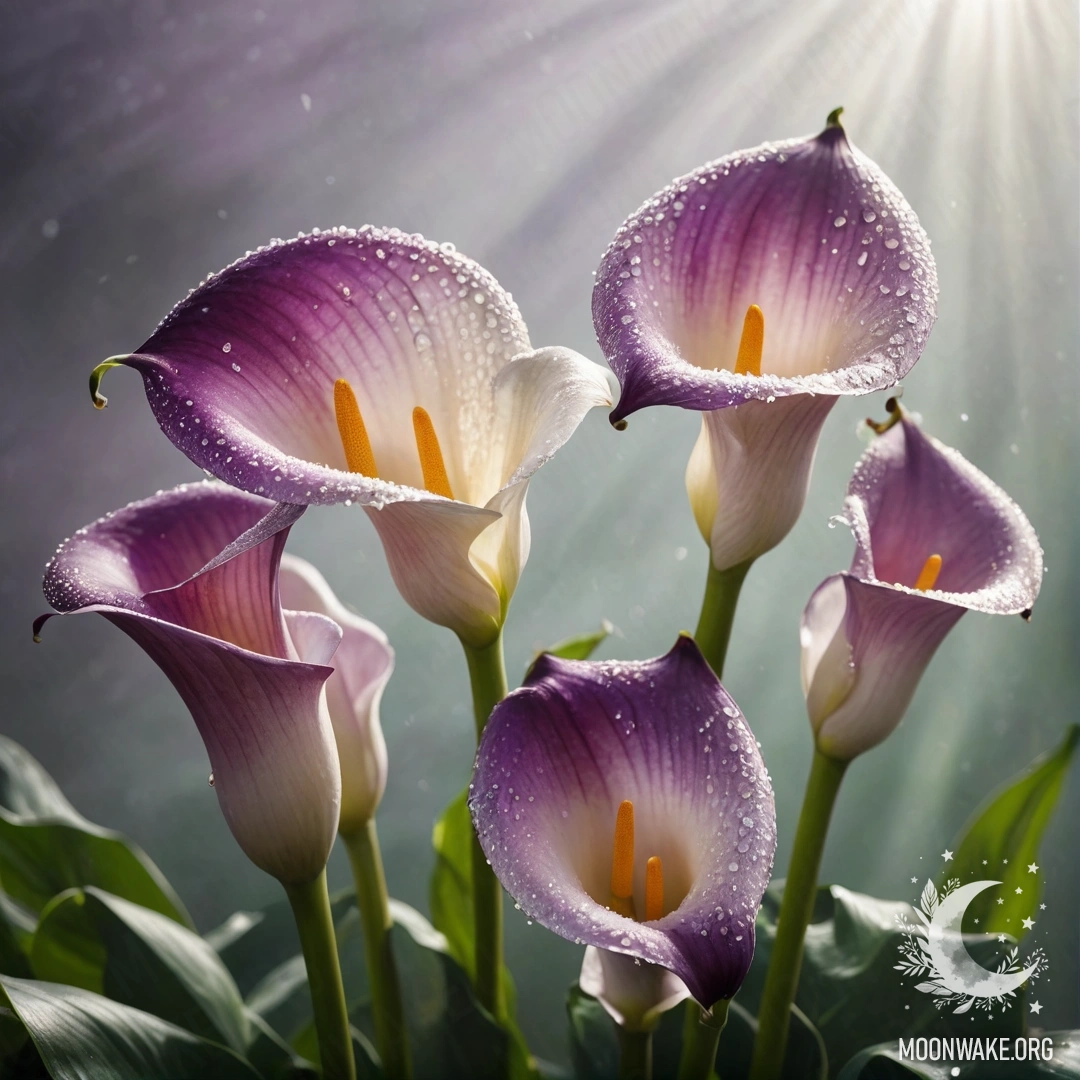 Нежные пурпурные лилии, окруженные туманом и мягким солнечным светом, украшенные стразами.