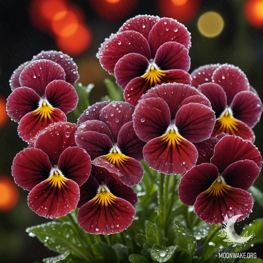 Яркий букет красных анютиных глазок, сверкающих каплями росы в ночи.