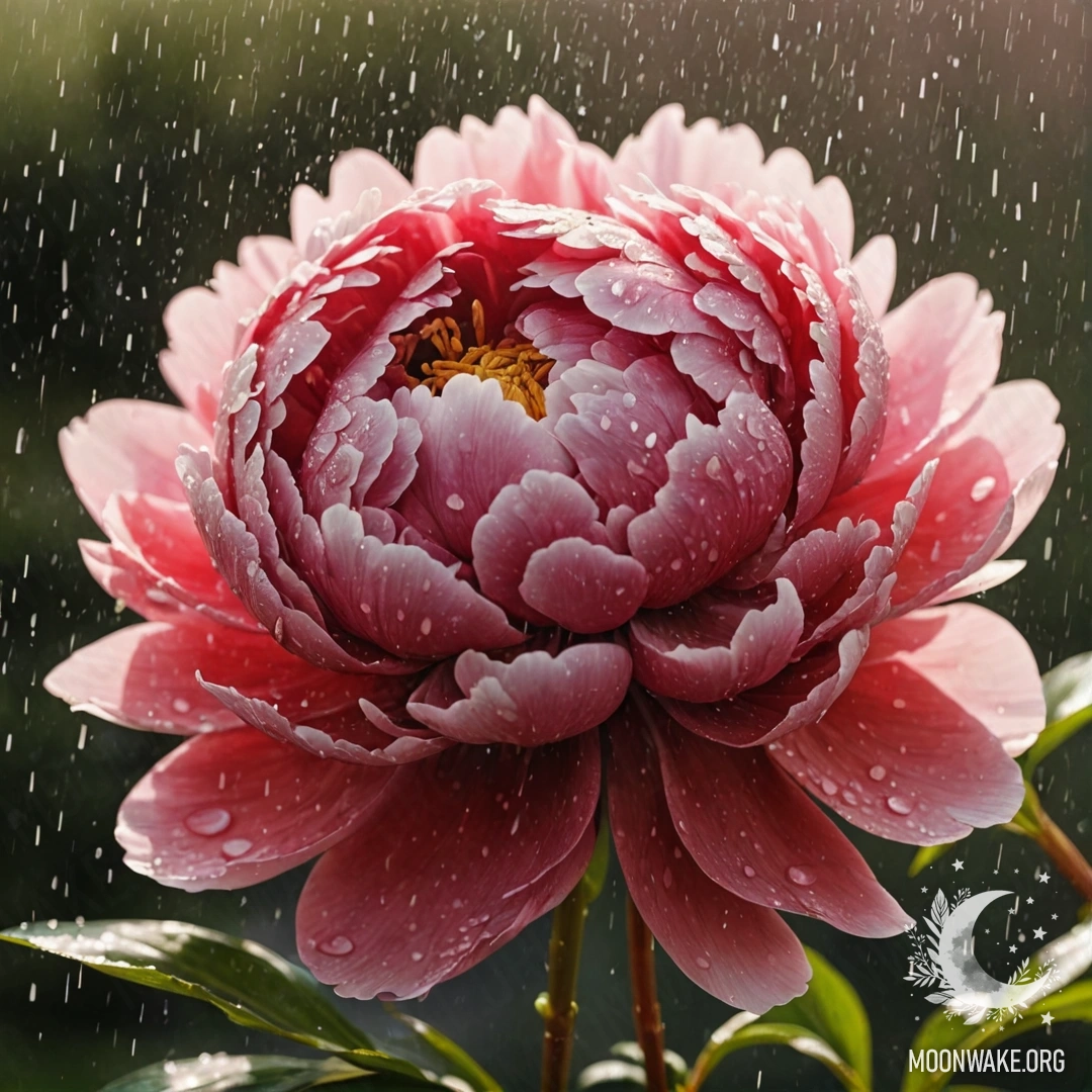 Красный цветок пиона под дождем, освещенный солнечными лучами.