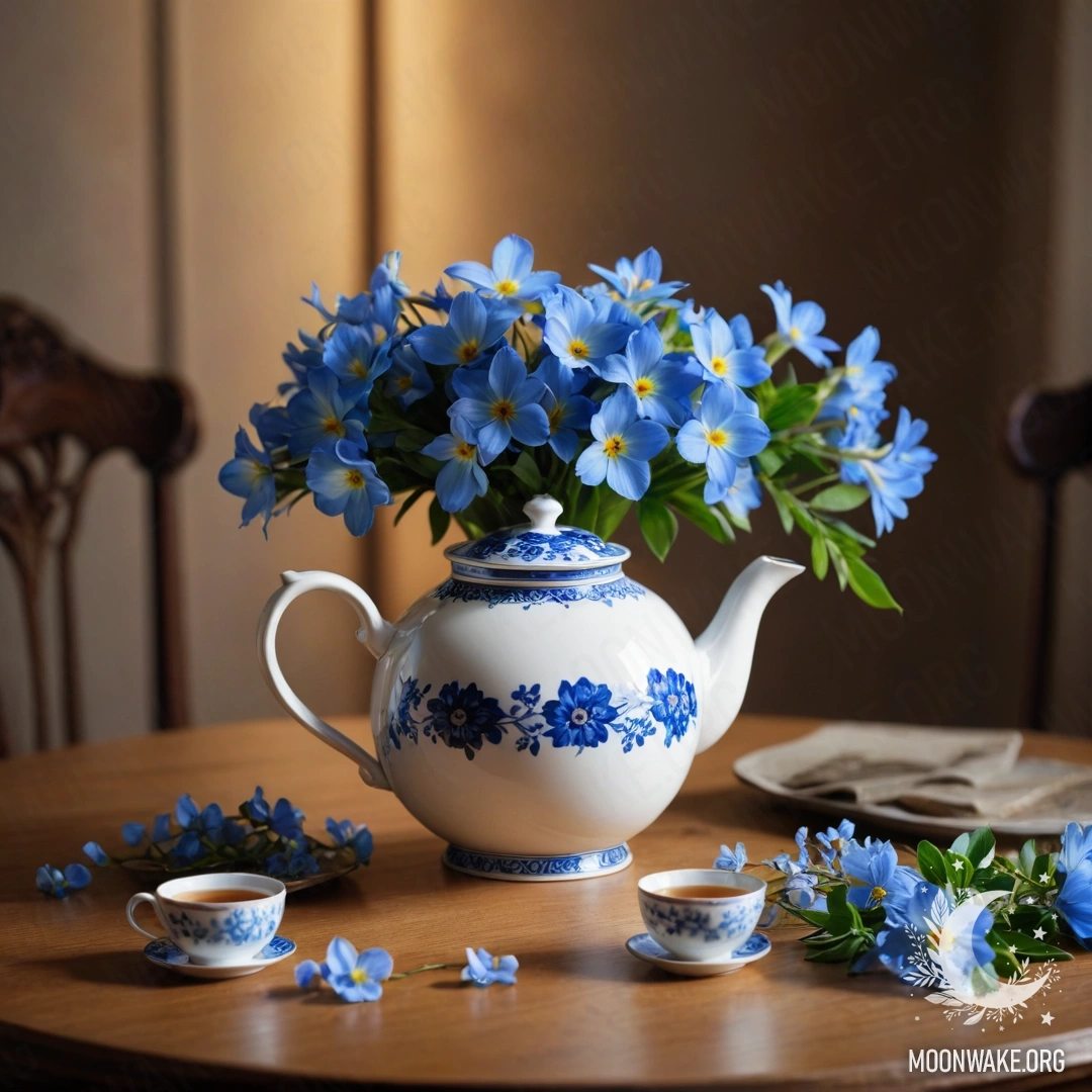 Круглый деревянный стол с фарфоровым чайником, в котором находятся синие цветы и гирлянда из огоньков.