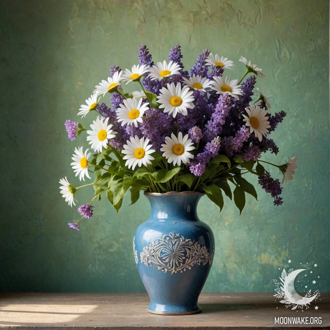 Старая голубая ваза с ромашками и сиренью на фоне зеленоватой стены с солнечными лучами.