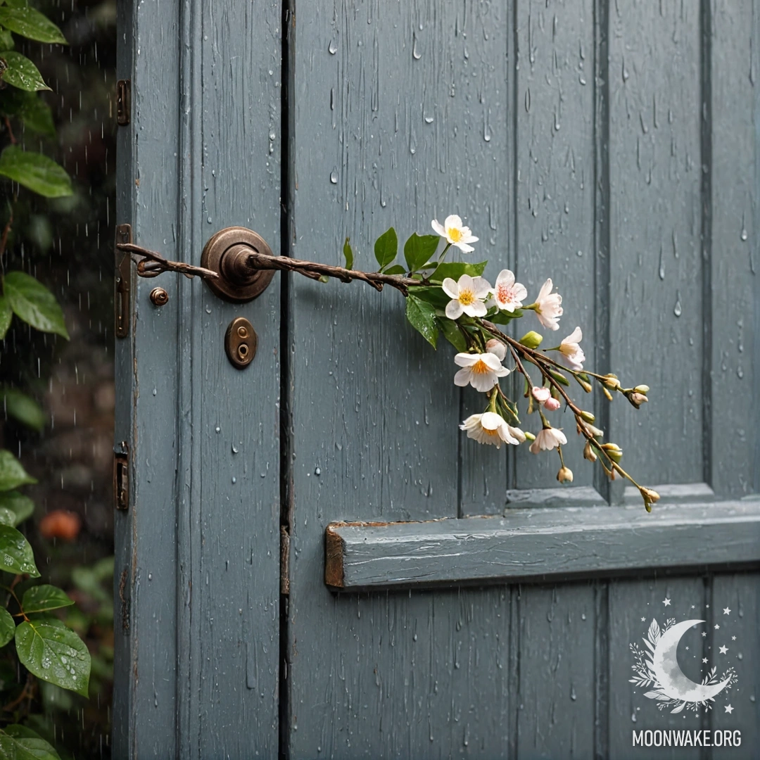 Старомодная дверь, украшенная веточками с цветами на дверной ручке, на фоне дождя.