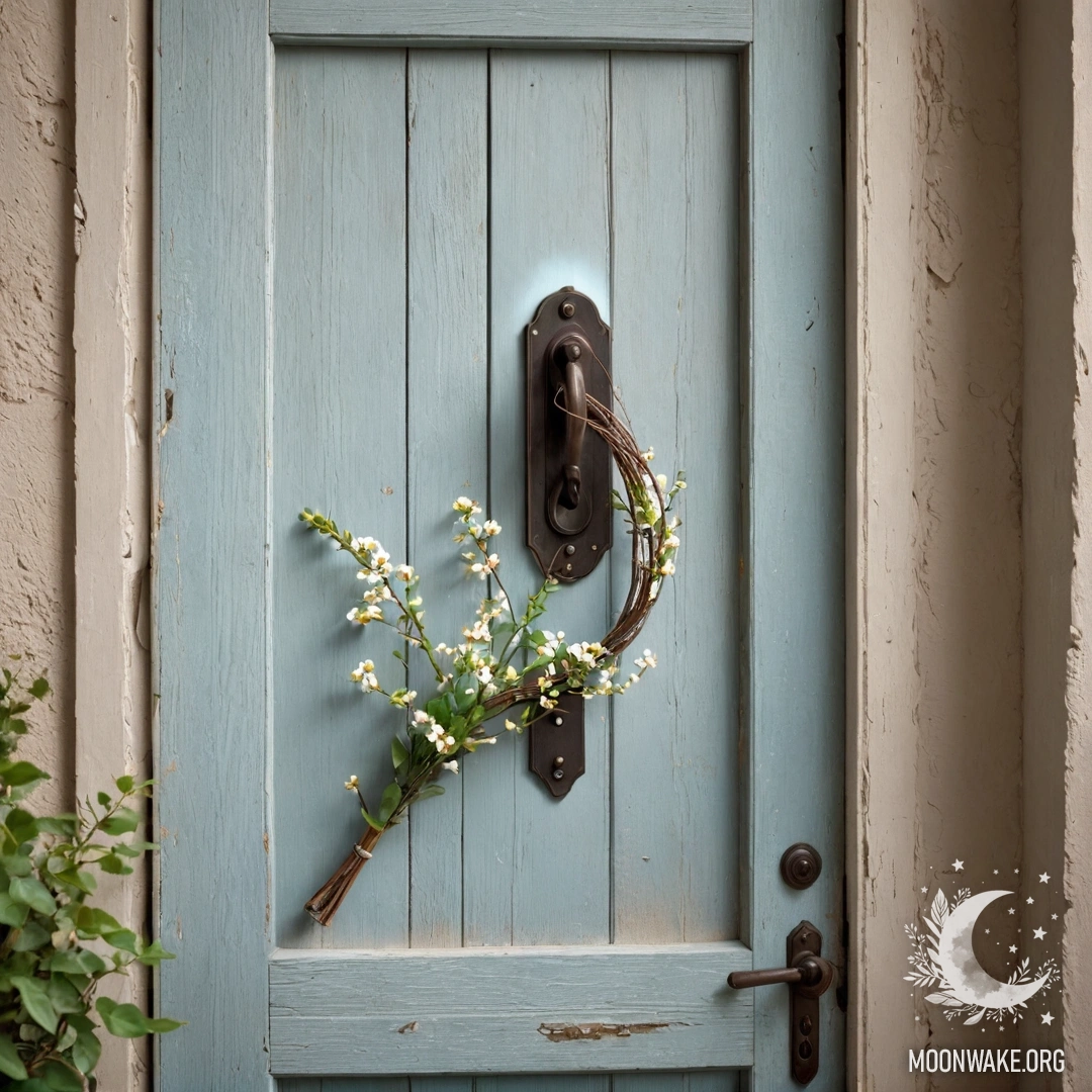 Ржавая дверь, украшенная веточками и цветами на ручке, залитая мягкими солнечными лучами.