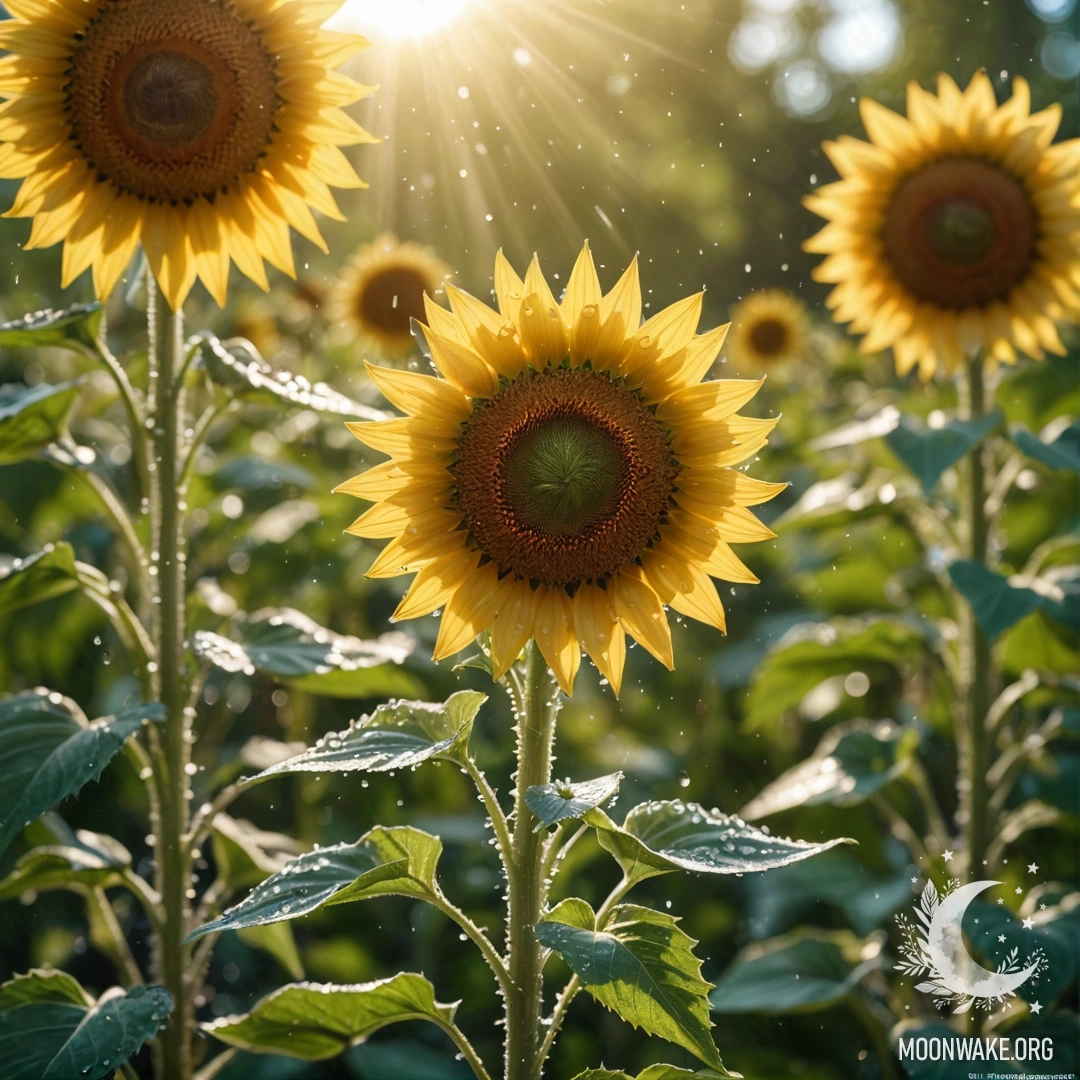 Спокойное сочетание подсолнухов, украшенных росой, на фоне мягкого оливкового цвета, в стиле аниме.